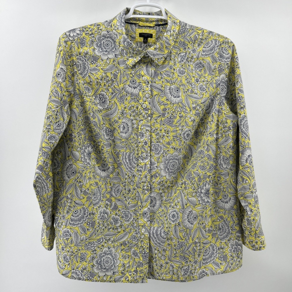 Talbots Plus Blouse Shirt Top Tunic Women's 2X Yellow Botanical Modern Classic